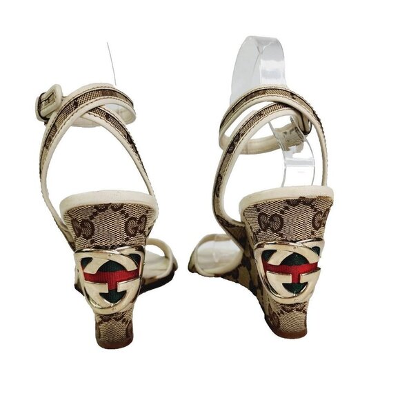 GUCCI Beige GG Canvas Monogram Cross Strap Wedge Ankle Strap Sandal Size 6.5 B - Picture 2 of 16